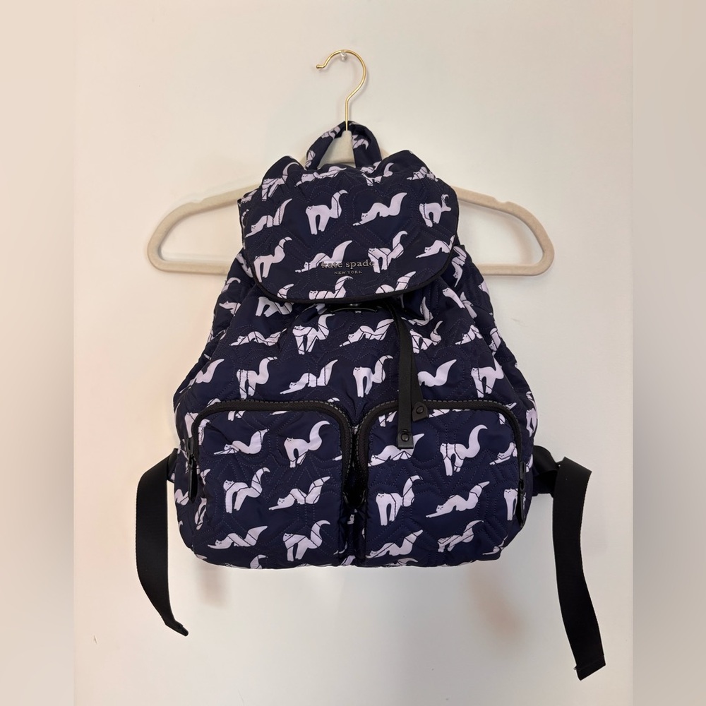 Kate Spade Blue Multi Jayne Large Backpack Blue Quilted Heart Shapes w/ Cats